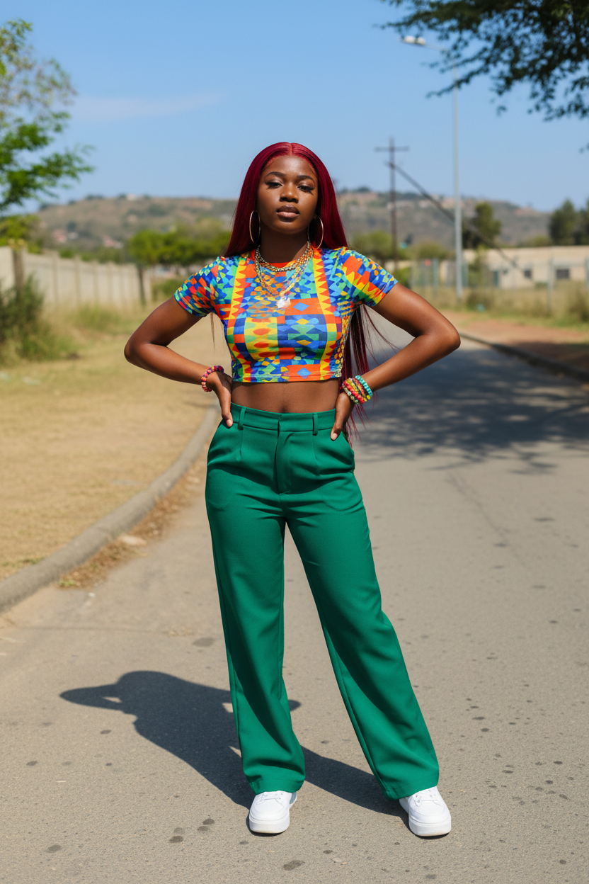 A model wearing the red wig from your photo